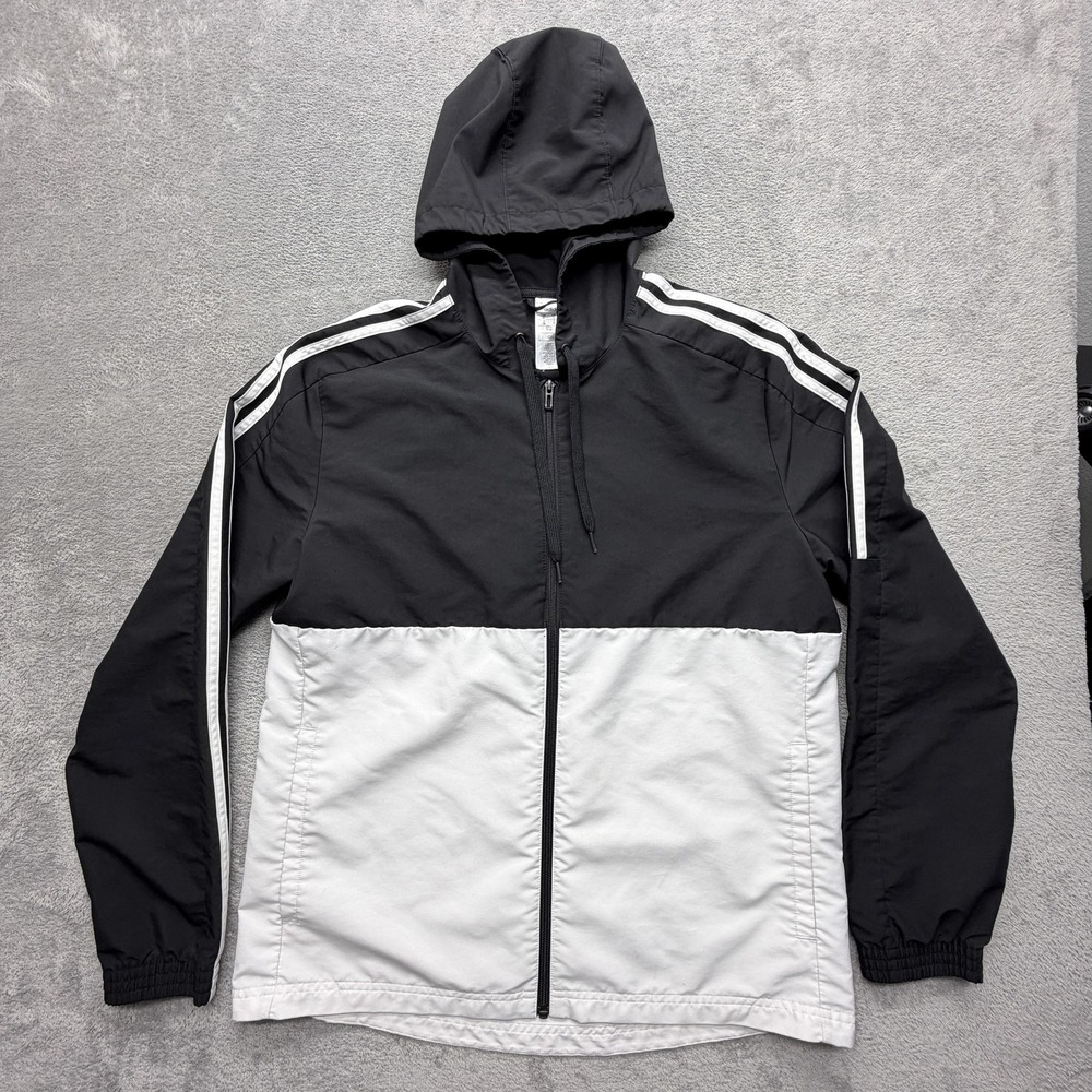 Adidas Jacket Mens M Black Windbreaker Hooded Full Zip Lightweight Colorblock